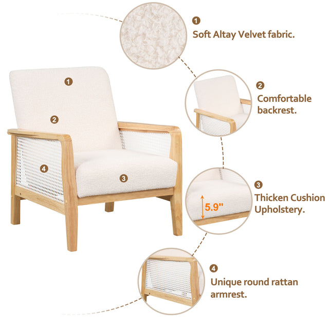 【EAT 3.10】Mid-Century Armchair Rattan Mesh Upholstered Accent Chair,Teddy Short Plush Particle Velvet Armchair for Living Room,Bedroom, Office, Studio,White