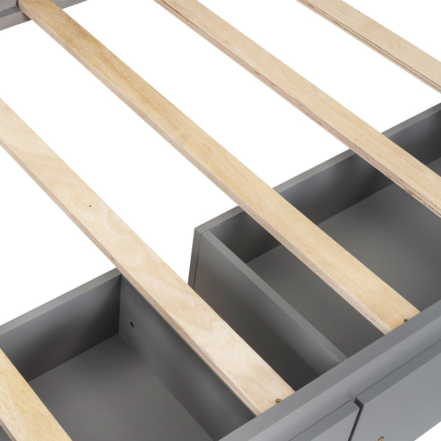 Twin Size House Bed with drawers, Fence-shaped Guardrail, Gray