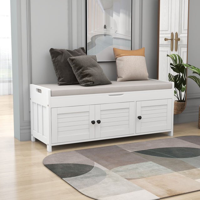 TREXM Storage Bench with 3 Shutter-shaped Doors, Shoe Bench with Removable Cushion and Hidden Storage Space (White)