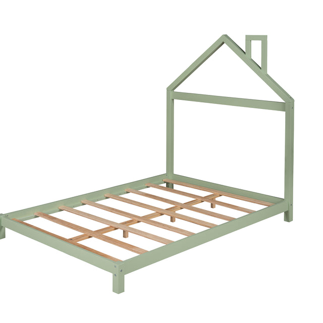 Full Size Wood Platform Bed with House-shaped Headboard (Green)