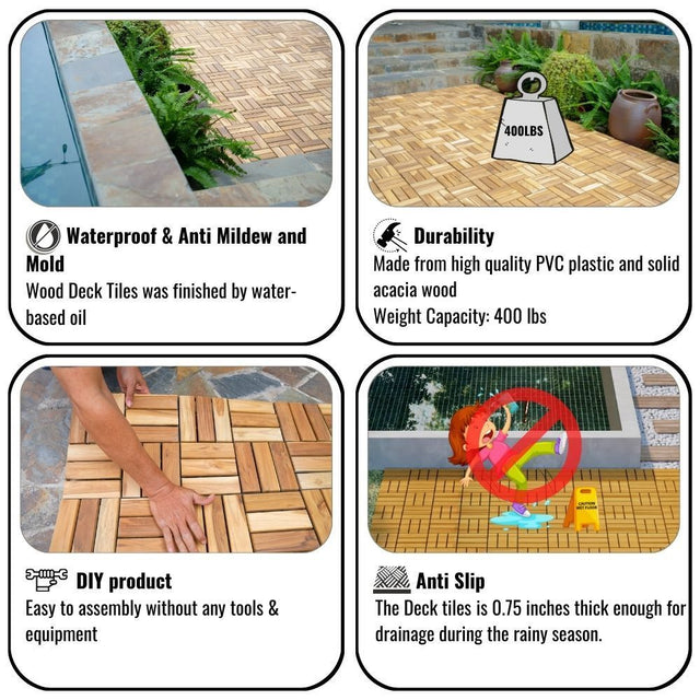 12" x 12" Square Teak Wood Interlocking Flooring Tiles Checker Pattern Pack of 10 Tiles