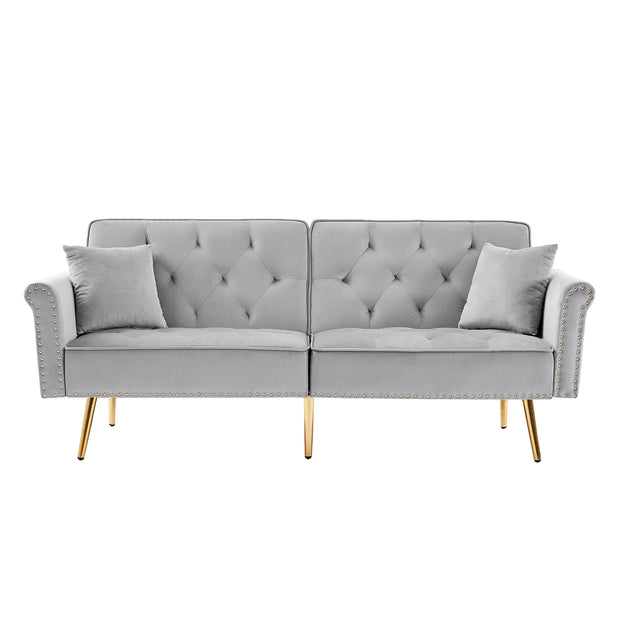 Modern Velvet Tufted Sofa Couch with 2 Pillows and Nailhead Trim, Loveseat Sofa Futon Sofa Bed with Metal Legs for Living Room.