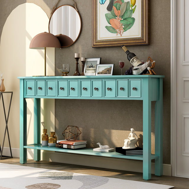 TREXM Rustic Entryway Console Table, 60" Long Sofa Table with two Different Size Drawers and Bottom Shelf for Storage (Blue)