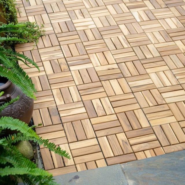 12" x 12" Square Teak Wood Interlocking Flooring Tiles Checker Pattern Pack of 10 Tiles