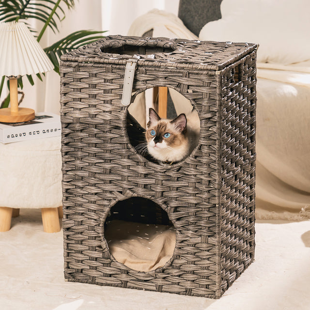 Rattan Cat Litter,Cat Bed with Rattan Ball and Cushion,Grey
