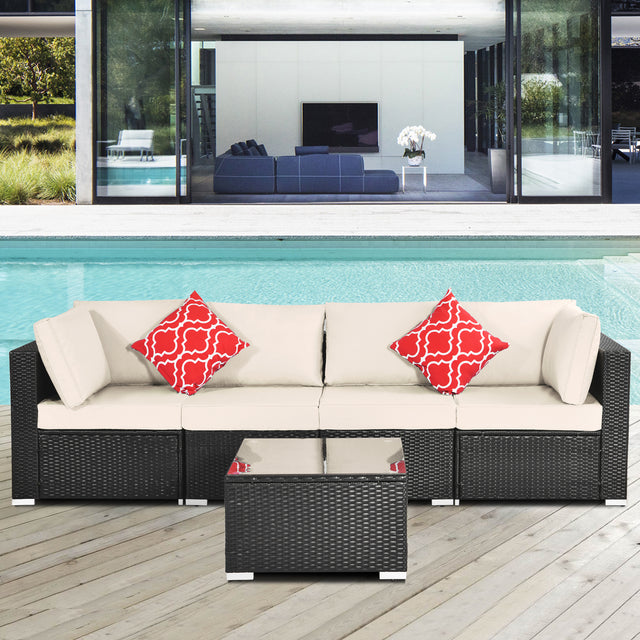 Outdoor Garden Patio Furniture 5-Piece PE Rattan Wicker Cushioned Sofa Sets with 2 Pillows and Coffee Table, outdoor couch;outdoor sectional;porch furniture;patio couch;outdoor sofa;patio furniture se
