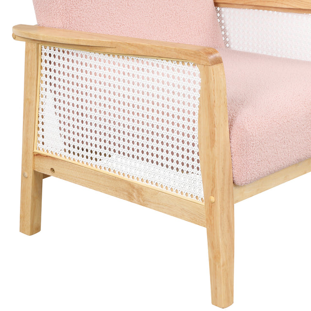 【EAT 3.10】Mid-Century Armchair Rattan Mesh Upholstered Accent Chair,Teddy Short Plush Particle Velvet Armchair for Living Room,Bedroom, Office, Studio,Pink