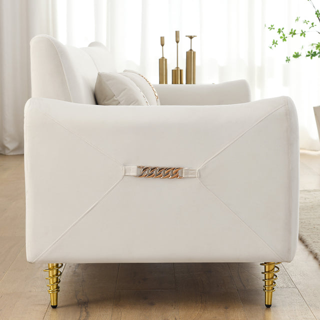 80.3" Modern Sofa Couch Upholstered Sofa Tufted Back Comfy Velvet Long Couch with 2 Pillows and Golden Legs for Living Room, Bedroom, Office, Apartment, Beige