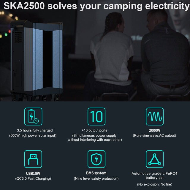 Trolley case, 2515Wh portable power station, for outdoor travel, home backup power, 3×AC120V output, a total of 2000W stable output power, peak power 4000W, LCD display, 3×DC5V/3A USB, 3×DC12V/10A out