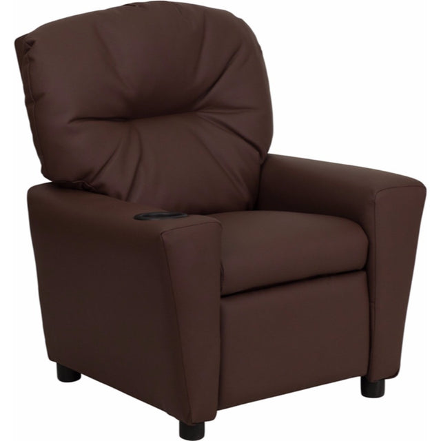 Contemporary Brown Leather Kids Recliner with Cup Holder