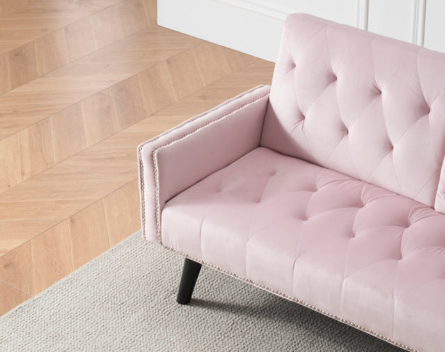 1730 Sofa Bed Armrest with Nail Head Trim with Two Cup Holders 72" Pink Velvet Sofa for Small Spaces
