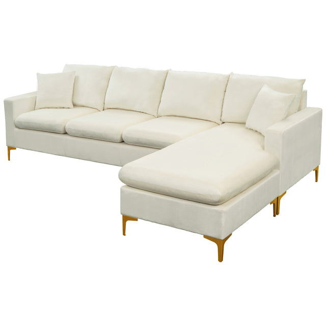 【EAT 3.10】110.6" Sectional Sofa with Ottoman, L-Shape Elegant Velvet Upholstered Couch with 2 Pillows for Living Room Apartment,Cream White