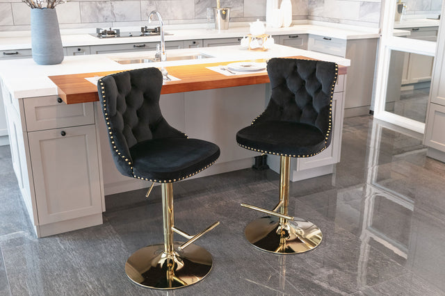 A&A Furniture,Golden Swivel Velvet Barstools Adjusatble Seat Height from 25-33 Inch, Modern Upholstered Bar Stools with Backs Comfortable Tufted for Home Pub and Kitchen Island(Black,Set of 2)
