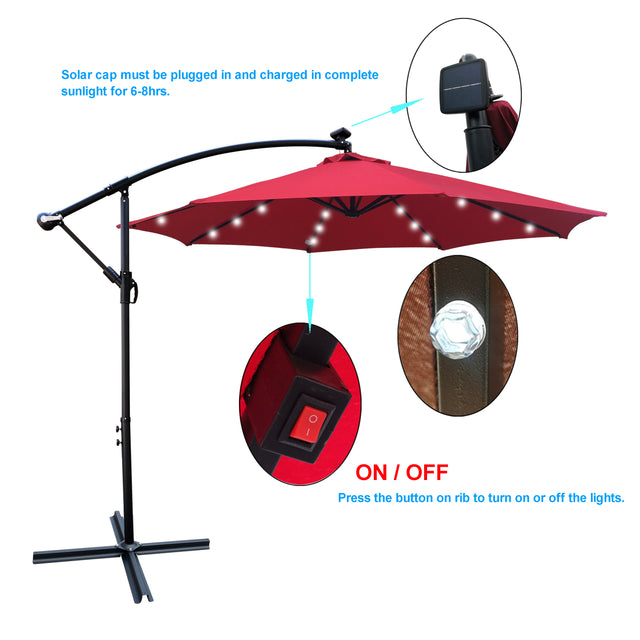 10 ft Outdoor Patio Umbrella Solar Powered LED Lighted 8 Ribs Umbrella with Crank and Cross Base for Garden Outside Deck Swimming Pool