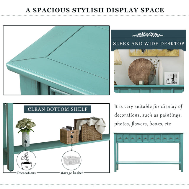 TREXM Rustic Entryway Console Table, 60" Long Sofa Table with two Different Size Drawers and Bottom Shelf for Storage (Blue)