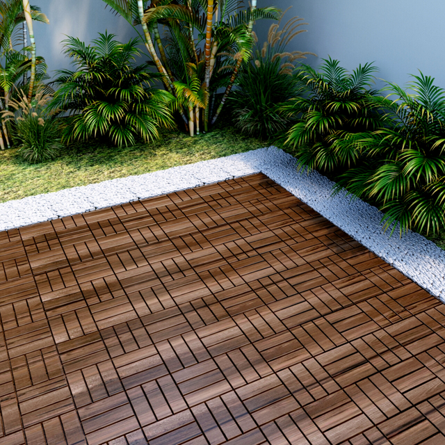 10 PCS Interlocking Deck Tiles Checker Pattern, 12" x 12" Square Acacia Hardwood Outdoor Flooring for Patio, Bancony, Pool Side,...