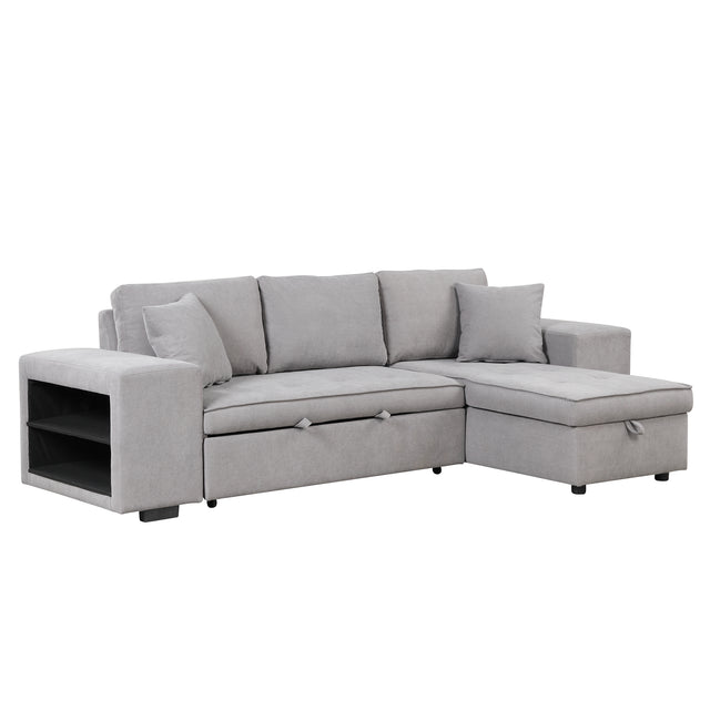 104" Pull Out Sleeper Sofa Reversible L-Shape 3 Seat Sectional Couch with Storage Chaise and 2 Stools for Living Room Furniture Set,Gray