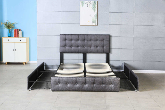 Hot Sale Queen Size Dark Grey Tech cloth Button Embedded Adjustable Headboard Height Upholstered Platform Bed Frame with Storage Drawers
