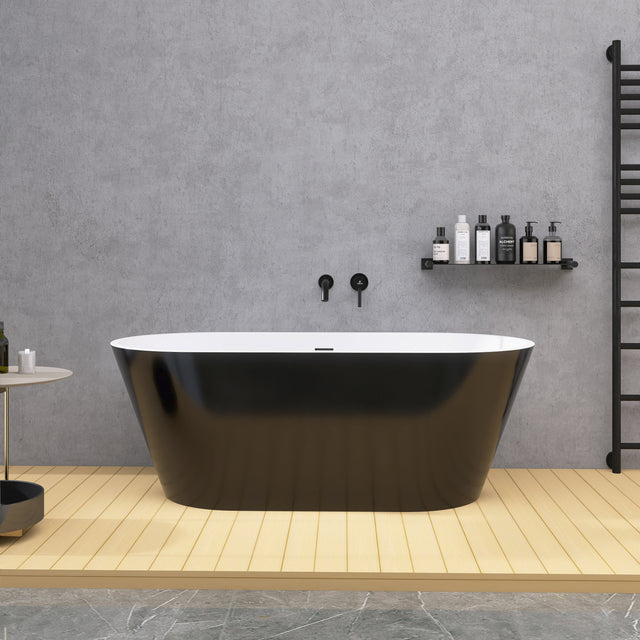 55" Acrylic Free Standing Tub - Classic Oval Shape Soaking Tub, Adjustable Freestanding Bathtub with Integrated Slotted Overflow and Chrome Pop-up Drain Anti-clogging Gloss Black