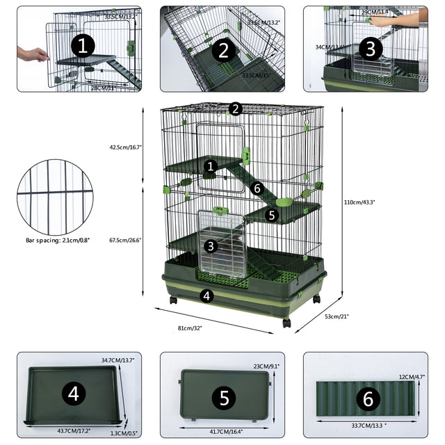 4-Tier 32"Small Animal Metal Cage Height Adjustable with Lockable Casters Grilles Pull-out Tray for Rabbit Chinchilla Ferret Bunny Guinea Pig Squirrel Hedgehog(GREEN)(=OLD SKU:W69133216)