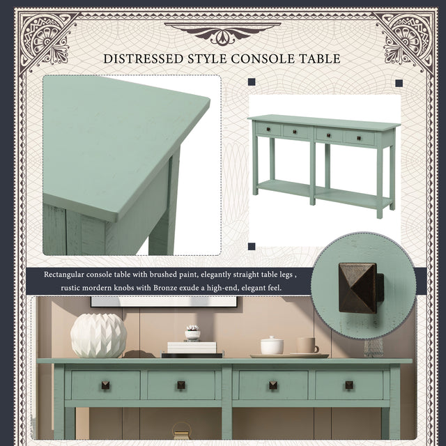 TREXM Rustic Brushed Texture Entryway Table Console Table with Drawers and Bottom Shelf for Living Room (Tiffany Blue)