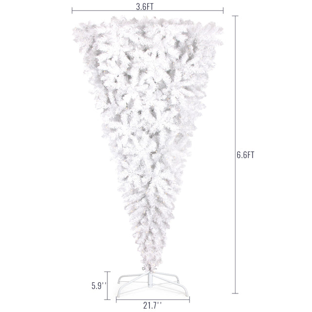 Upside Down White Christmas Tree, Xmas Tree with LED Warm White Lights, Reinforced Metal Base & Easy Assembly 6.6ft, w/1,200 Lush Branch Tips, 450 LED Lights X-mas