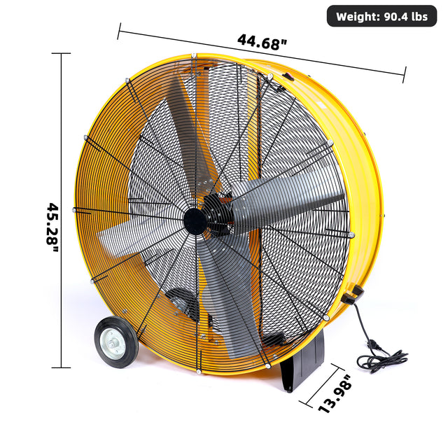 42 Inch Heavy Duty Metal Industrial Drum Fan, 2 Speed Air Circulation for Warehouse, Greenhouse, Workshop, Patio, Factory and Basement - High Velocity , Yellow