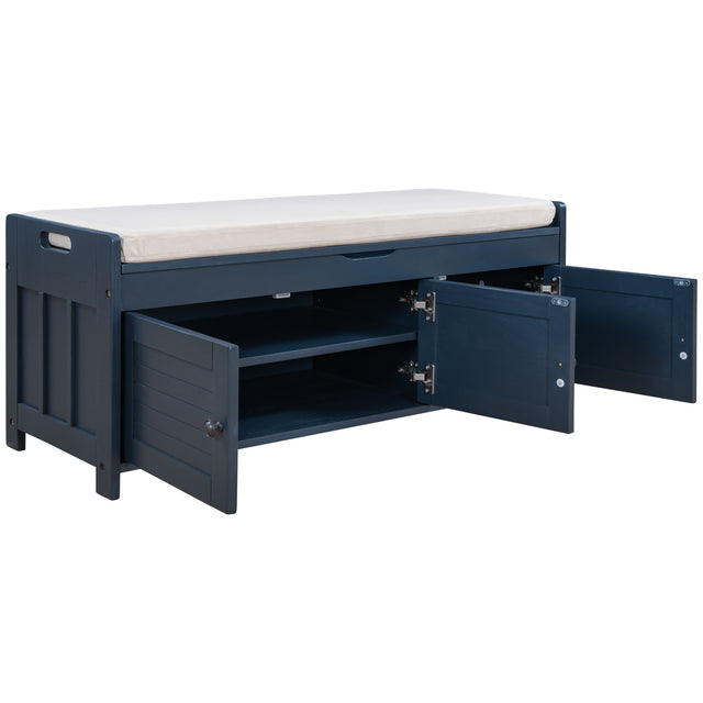 TREXM Storage Bench with 3 Shutter-shaped Doors, Shoe Bench with Removable Cushion and Hidden Storage Space (Antique Navy)