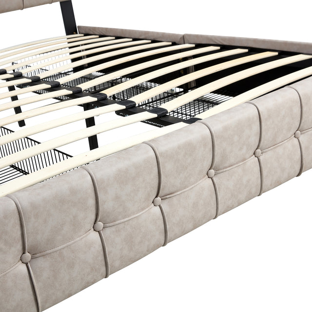 Upholstered Storage Bed Frame with 4 Drawers and Adjustable Headboard, Square Stitched Button Tech cloth, Platform Beds Frame with Wood Slat Support, No Box Spring Needed, Queen Size, Beige