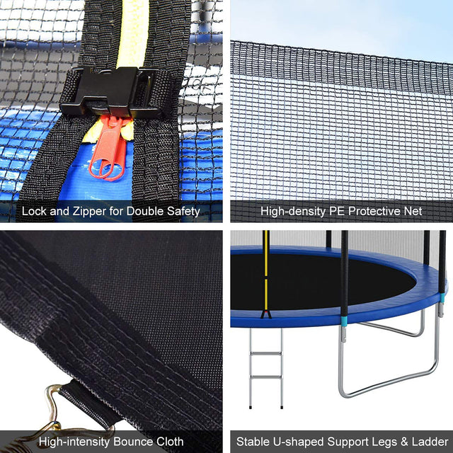 12FT Round Trampoline with Safety Enclosure Net & Ladder, Spring Cover Padding,