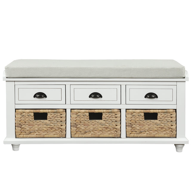 TREXM Rustic Storage Bench with 3 Drawers and 3 Rattan Baskets, Shoe Bench for Living Room, Entryway (White)