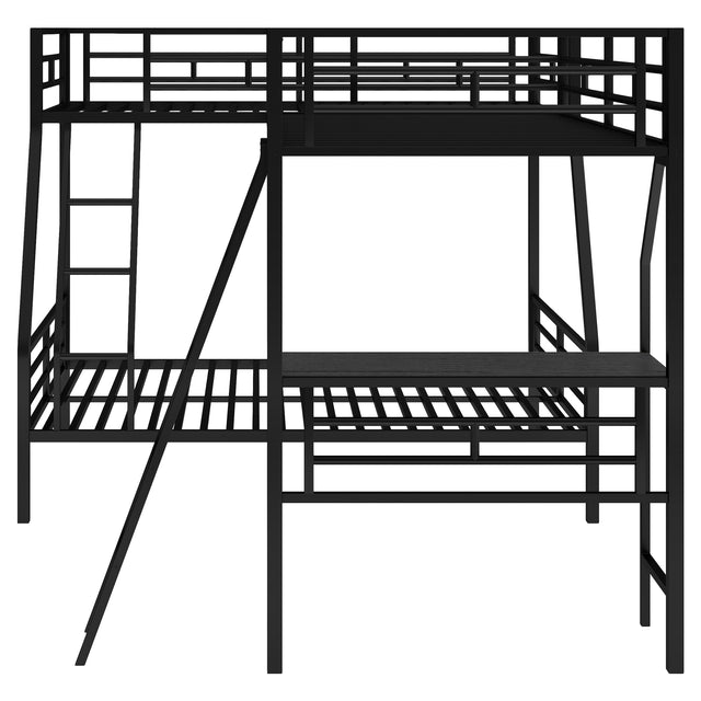 Twin over Full Bunk Bed with a Twin Size Loft Bed attached, with a Desk, Metal, Black