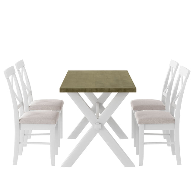 TOPMAX 5 Pieces Farmhouse Rustic Wood Kitchen Dining Table Set with Upholstered 4 X-back Chairs, Gray Green+White+Beige