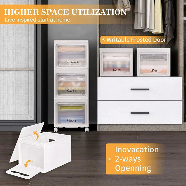 Storage Bins with Lids, Large Plastic Organization and Storage Bin with 4 Wheels & Carry Handles for Living Room, Bedroom, Bathroom or Dorm, 3 Pack, White