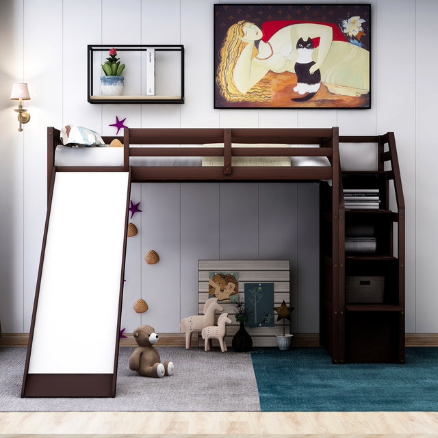 Twin Size Loft Bed with Storage and Slide, Espresso