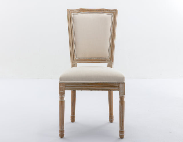 French Style Solid Wood Frame Antique Painting Linen Fabric Square Rattan Back Dining Chair,Set of 2,Cream