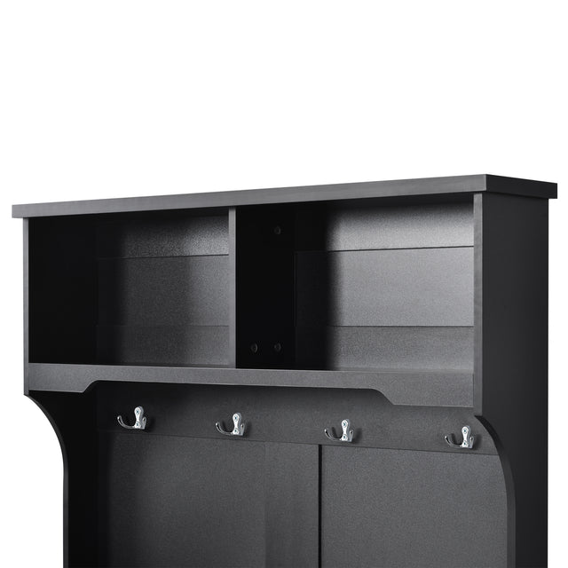 ON-TREND Hall Tree Entryway Bench with Shelves Cabinet and Four Hooks, 3-in-1 Design, Black