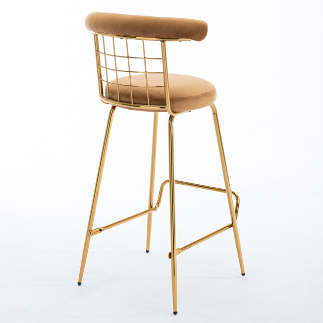 Bar Stool Set of 2, Luxury Velvet High Bar Stool with Metal Legs and Soft Back, Pub Stool Chairs Armless Modern Kitchen High Dining Chairs with Metal Legs, Camel