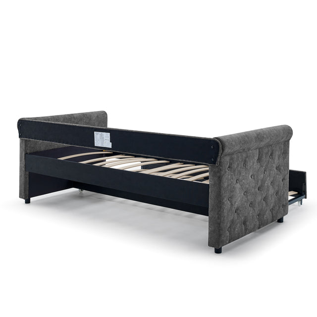 Daybed with Trundle Upholstered Tufted Sofa Bed, with Button and Copper Nail on Arms,both Twin Size, Grey(85.5“x42”x30.5“)