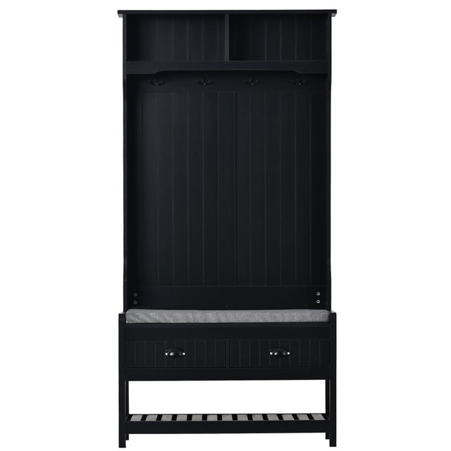 U-Can Hall Tree with 4 Hooks and Hinged Lid, Coat Hanger, Entryway Bench, Storage Bench, 3-in-1 Design, 69INCH, for Entrance, Hallway (Black)