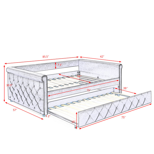 Daybed with Trundle Upholstered Tufted Sofa Bed, with Button and Copper Nail on Arms,Full Daybed & Twin Trundle, PU Black(85.5“x57”x30.5“)