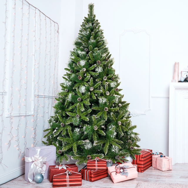 GO 7.4ft Christmas Tree, Decorated with 65 Pine Cones and Realistic over 1300 Thicken Tips, Hinged, with Metal Stand, Easy Assembly, for Indoor and Outdoor Use.