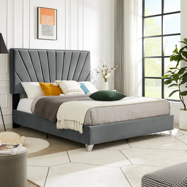 B108 Queen bed Beautiful line stripe cushion headboard , strong wooden slats + metal support feet, Gray Flannelette
