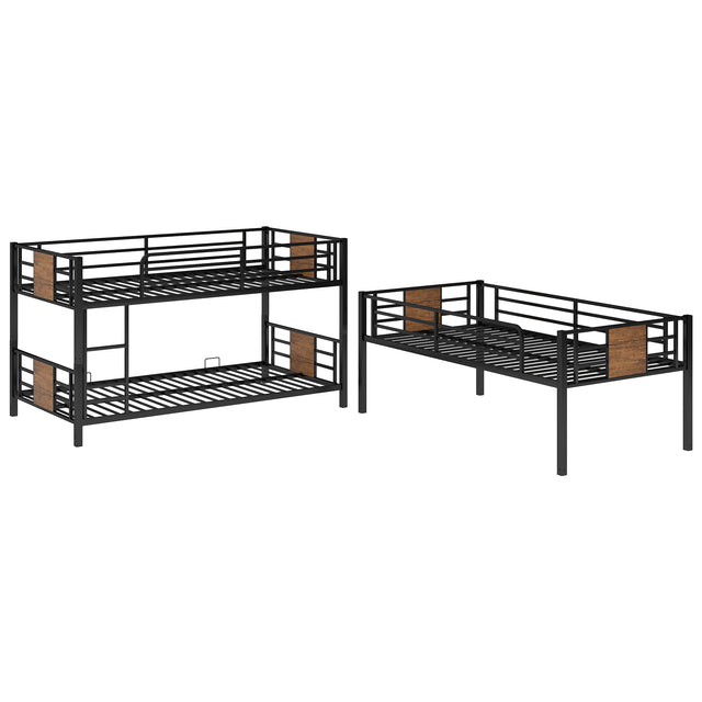 Twin Size Triple Metal Bunk Bed, with Wood Decoration Headboard and Footboard, Brown