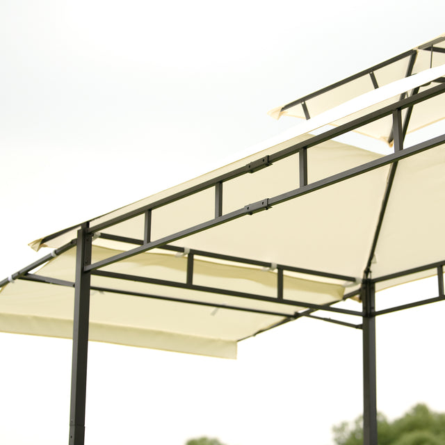 TOPMAX 12Ft.Lx4.3Ft.W Iron Double Tiered Backyard Patio BBQ Grill Gazebo with Bar Counters, Beige