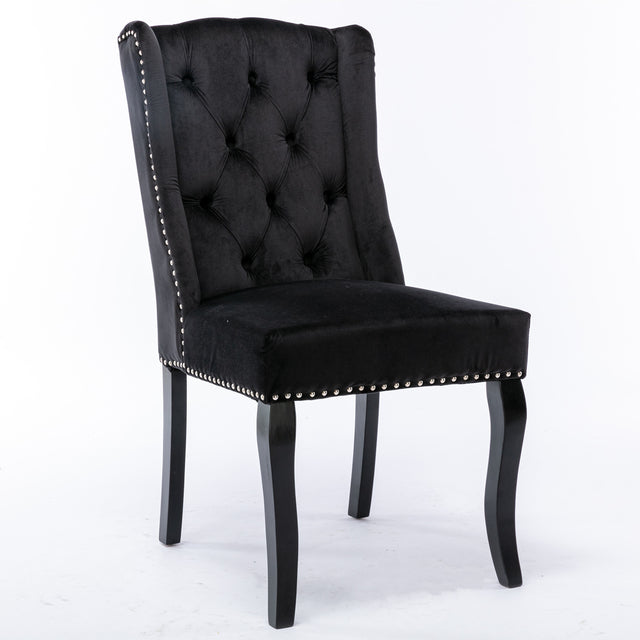 A&A Furniture,Wingback Dining Chair,Traditional Tufted Upholstered America Luxury Chairs, Country Cottage Farm Beach Dining Kitchen Vintage Style Side Chair, Velvet Fabric Wood, Set of 2,Black