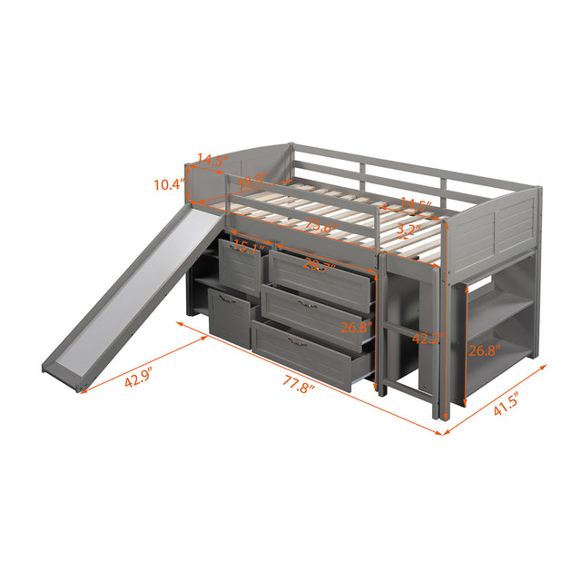 Low Twin Size Loft Bed with Cabinets, Shelves and Slide - Gray(OLD SKU :LP000503AAE)