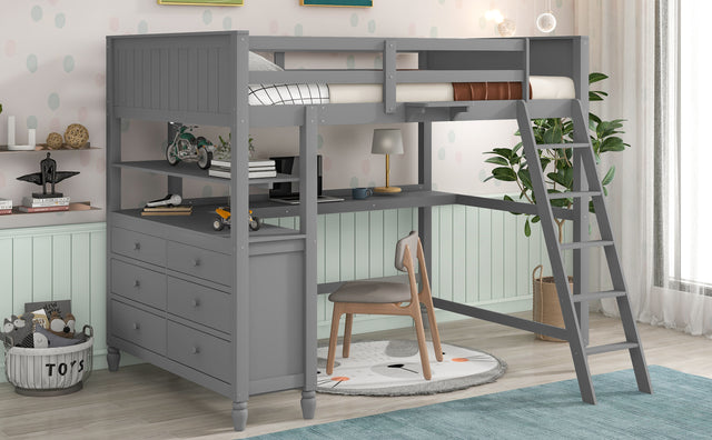 Full size Loft Bed with Drawers and Desk, Wooden Loft Bed with Shelves - Gray(OLD SKU:LT000529AAE)