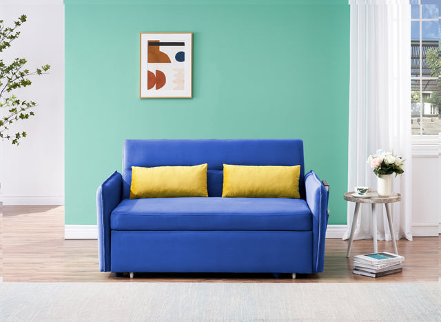 2120 Sofa Pull Out Bed Included Two Pillows 54" Blue Velvet Sofa for Small Spaces