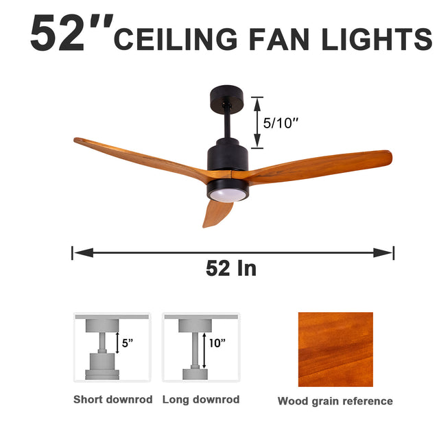 Quiet 52” Wood Ceiling Fans with Lights and Remote Moisture-proof Outdoor Ceiling Fan for Patios, 6 Speeds Ceiling Fan for Living Bedroom Kitchen, 3 Light Color, Timer Function, Reversible Motor